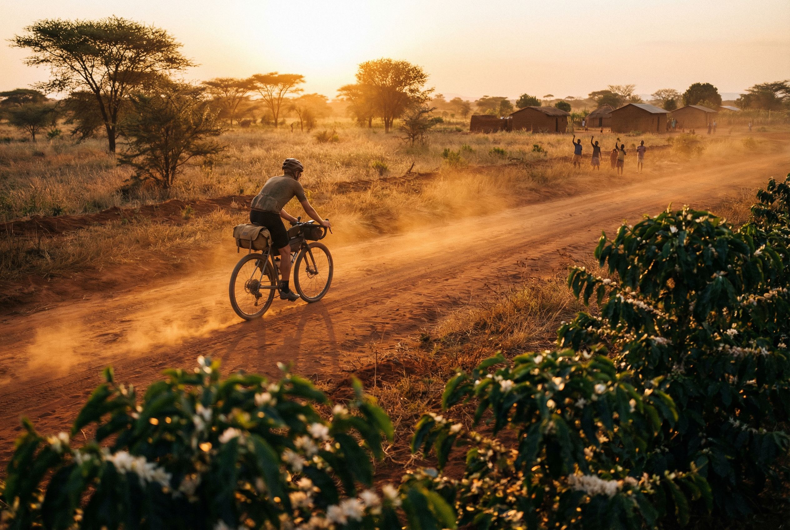A cinematic wide shot of a cyclist riding through a warm Tanzanian savanna at golden hour