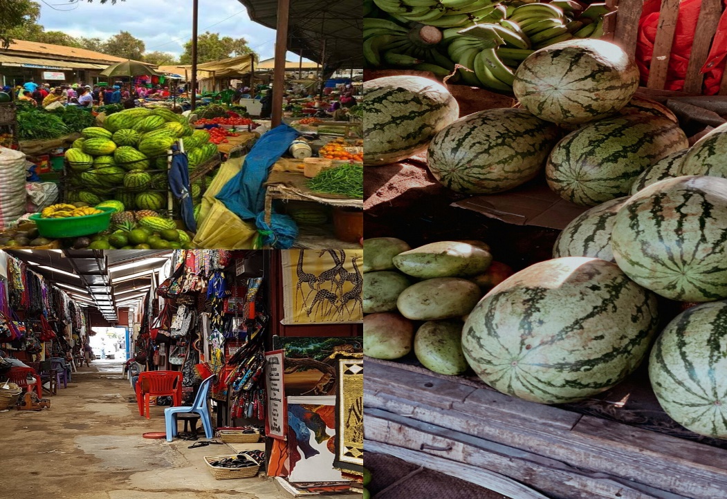 Bustling Tanzanian markets with vegetables and curios.