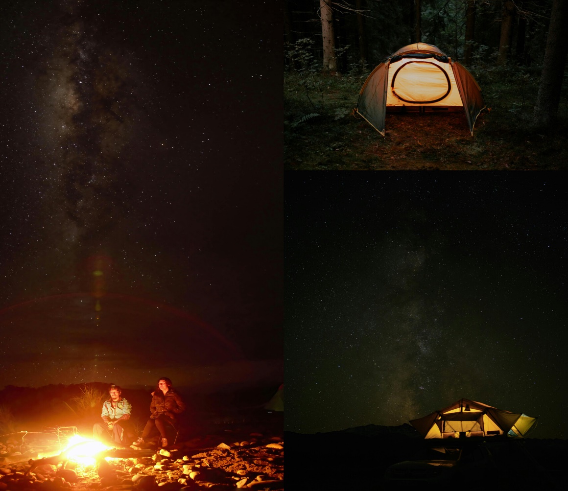 Nighttime camping under a starry sky.