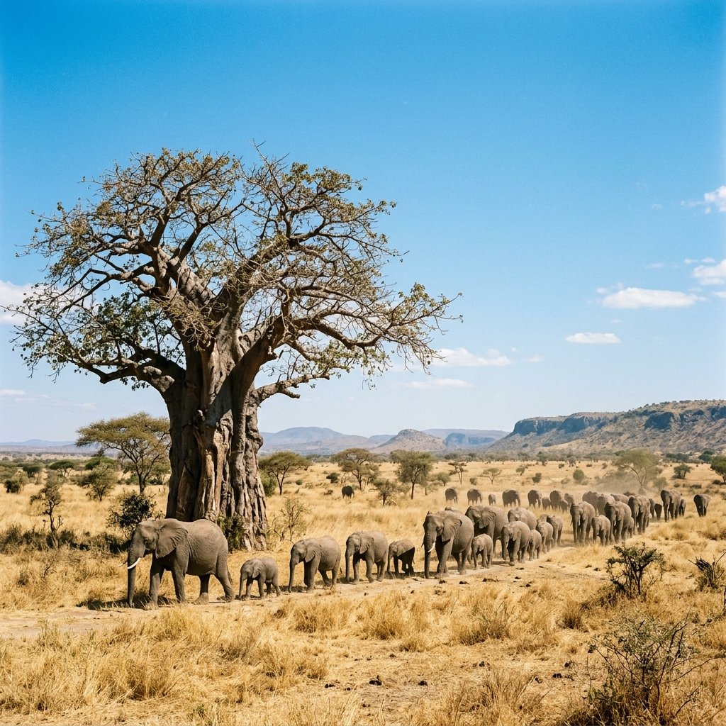 A herd of elephants gathering near a massive baobab tree in Tarangire National Park.