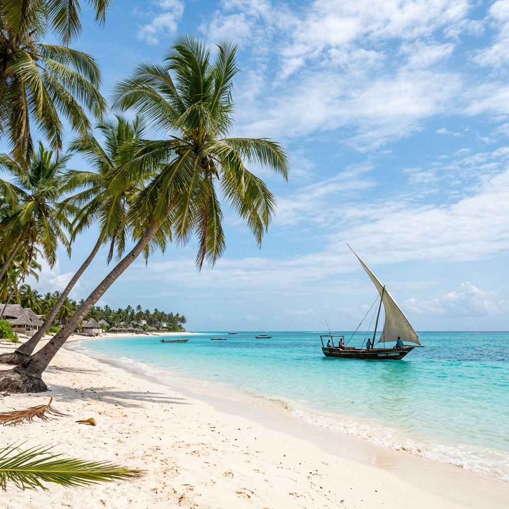 Traditional dhow sailing off the coast of Jambiani, Zanzibar.