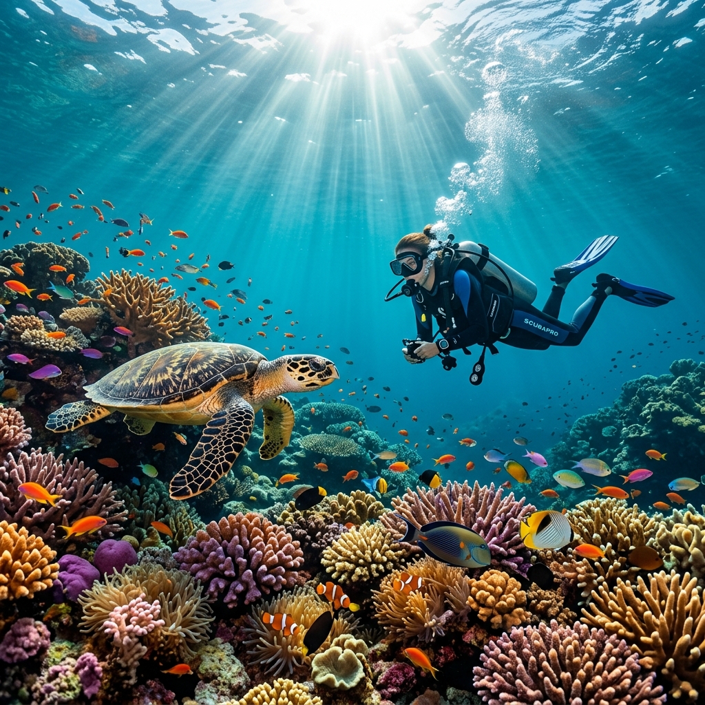 A scuba diver exploring the healthy coral reefs of Chole Bay Marine Park, surrounded by colorful tropical fish and a hawksbill sea turtle