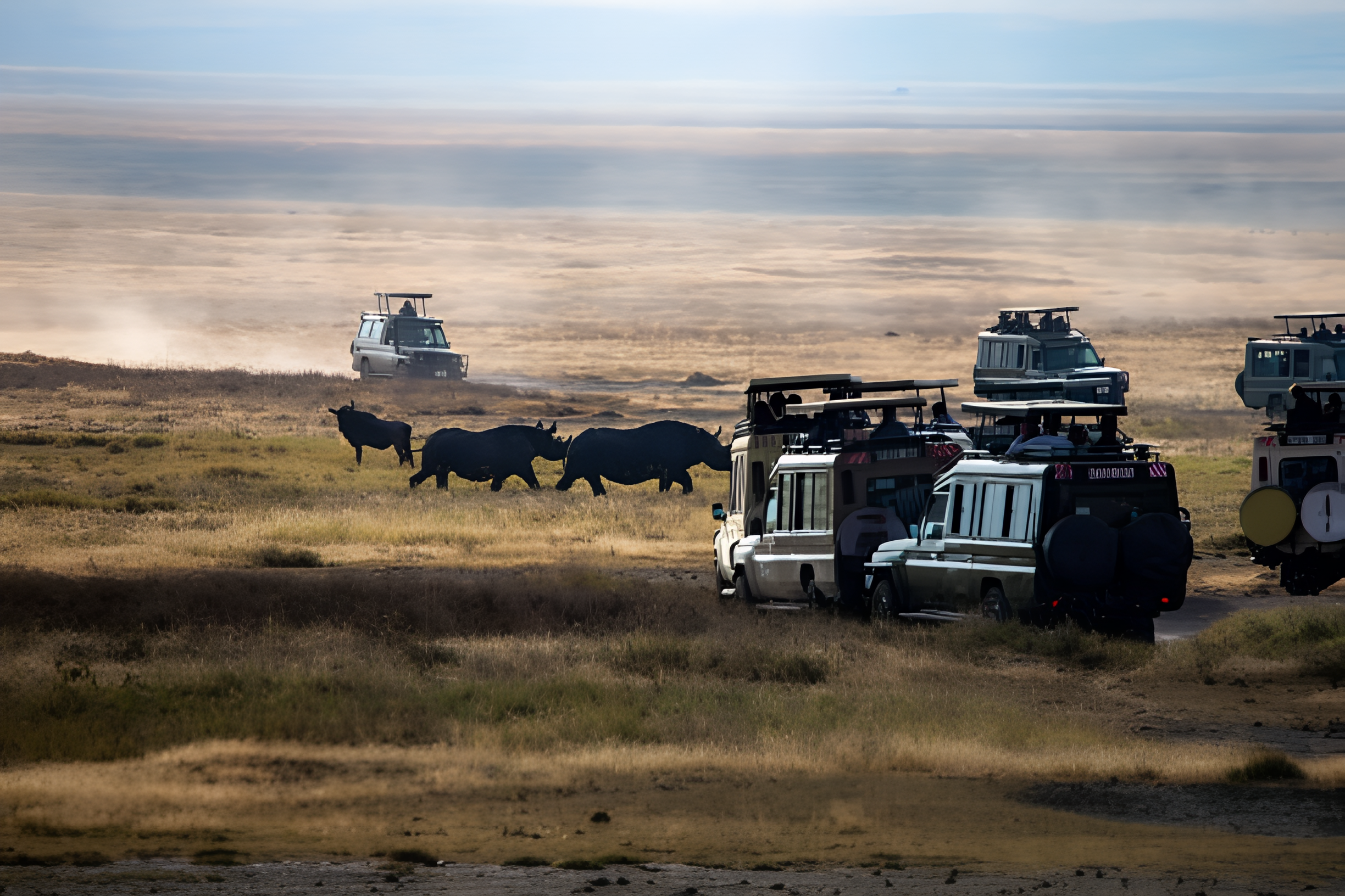 Safari vehicles observing wildlife from a distance