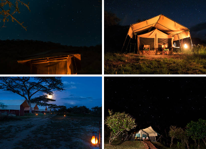 Safari tents at night.